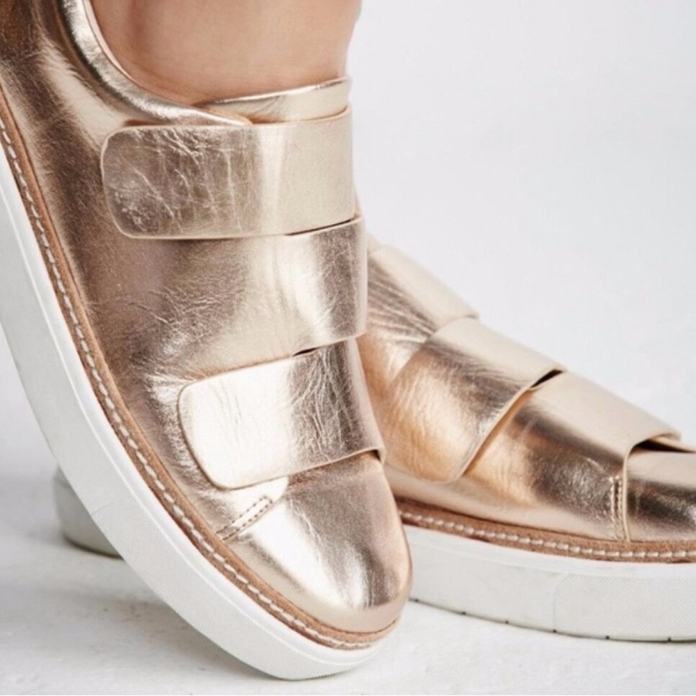 Free People + Silent D Metallic Rose Gold Velcro Platform Sneakers, Size 8/38